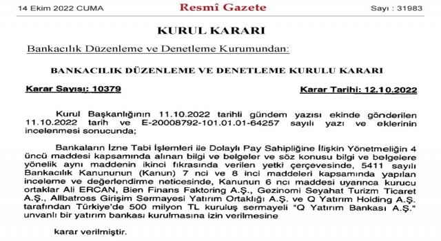 Resmi Gazete'de yayımlandı: Yeni bir banka kuruldu